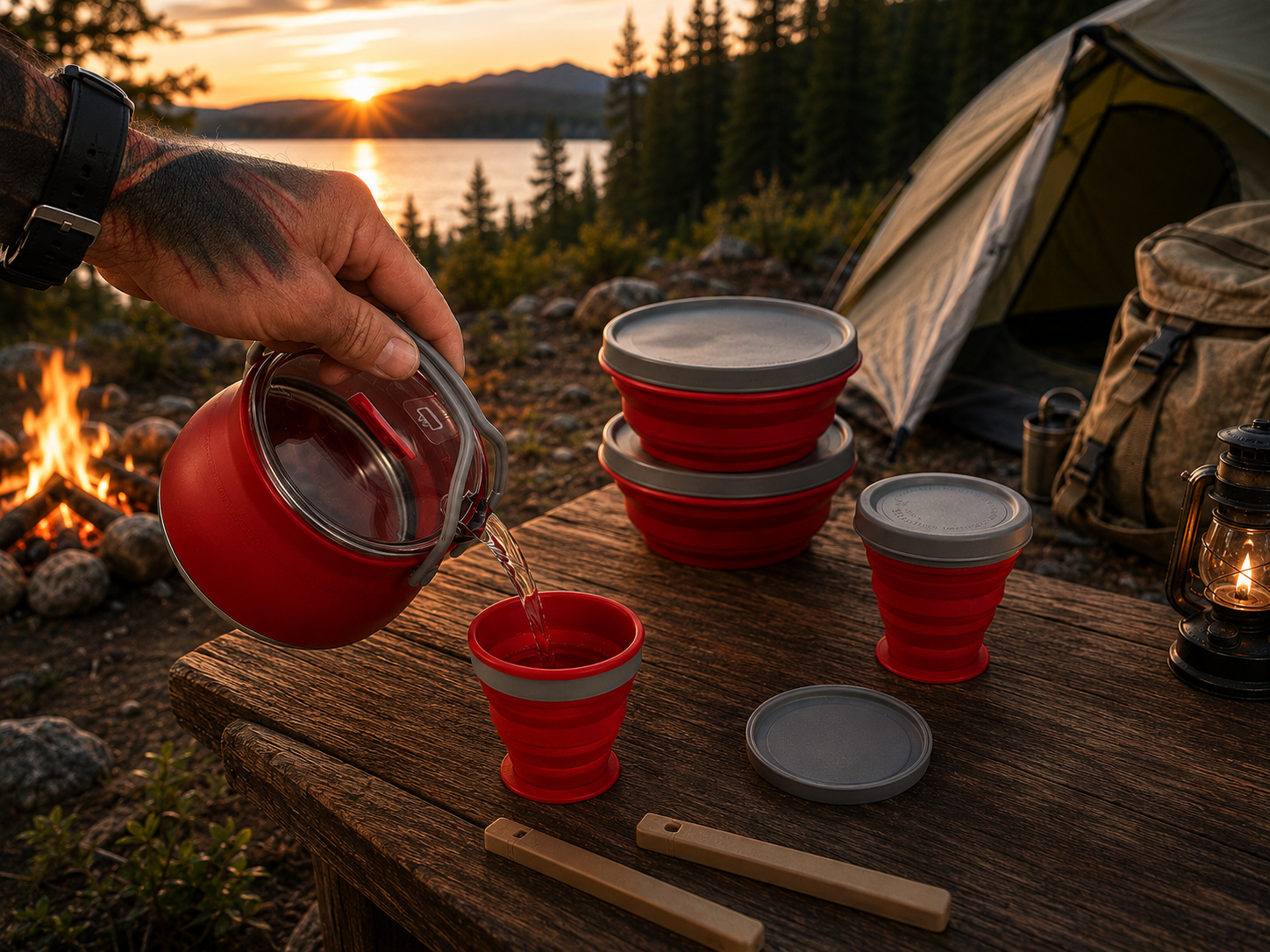 Outdoor Camping Cookware Set with Collapsible Kettle